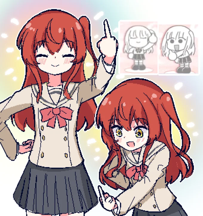 Ikuyo Kita's Middle Finger — Pixel-style fan art collage of Ikuyo Kita with raised finger and chibi references
