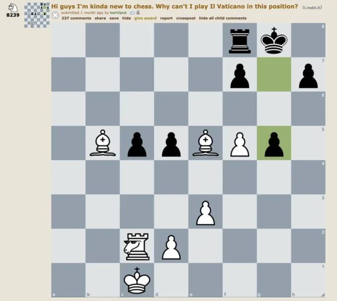 Chess.com screenshot with beginner asking why they cannot play Il Vaticano