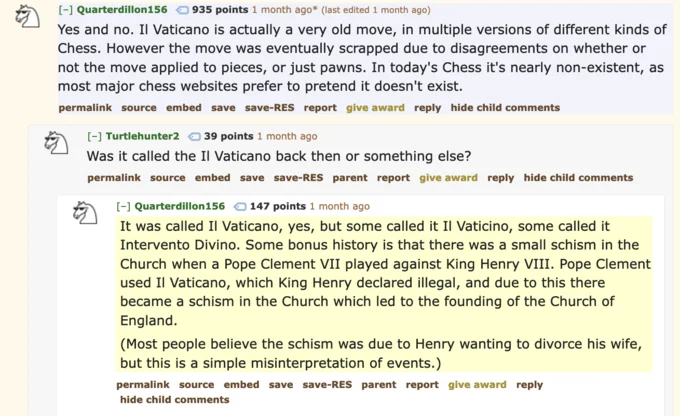 Reddit comment fabricating fake medieval chess history for il Vaticano involving Pope Clement VII and King Henry VIII