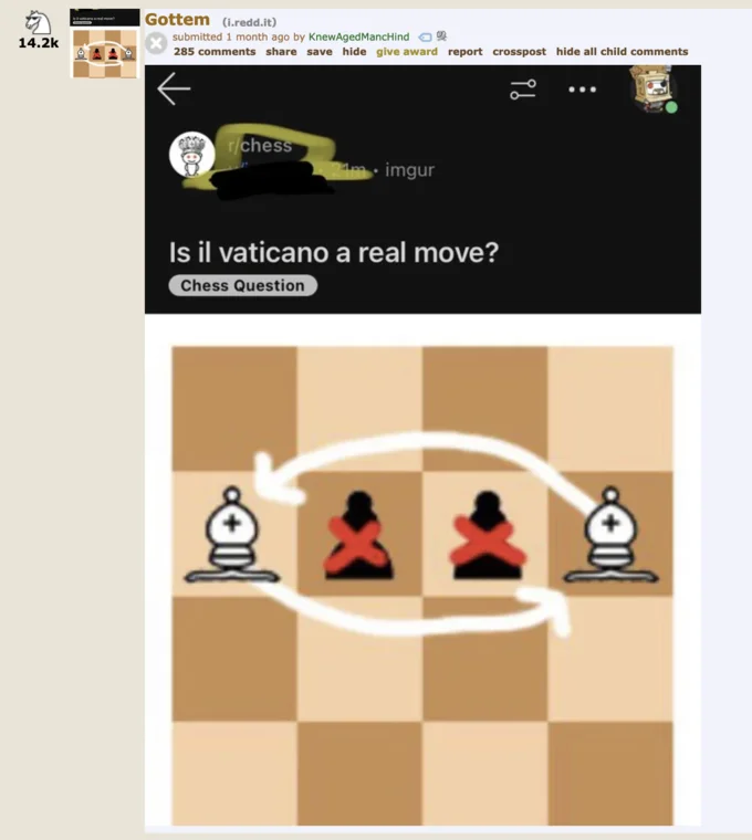 Reddit 'Gottem' crosspost showing the il Vaticano bishop swap diagram