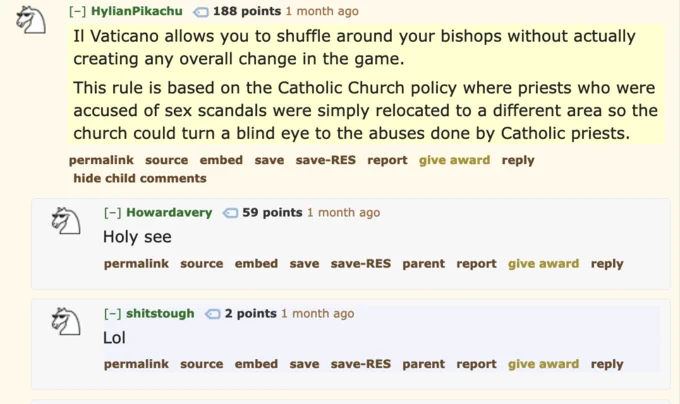 Reddit comment thread joking about il Vaticano being based on Catholic Church priest relocation policy