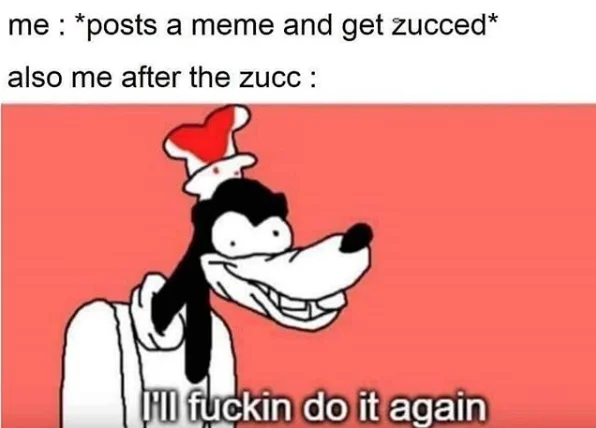 Ill Fuckin Do It Again — Meme macro with Goofy character and text about posting meme and getting zucced from Facebook.