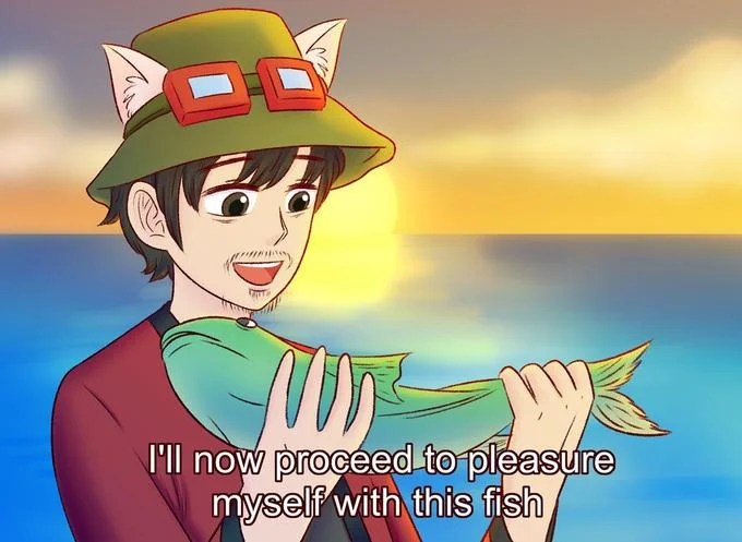 I'll Now Proceed To Pleasure Myself With This Fish — Young man in cat-eared bucket hat holding a green fish at sunset with the subtitle