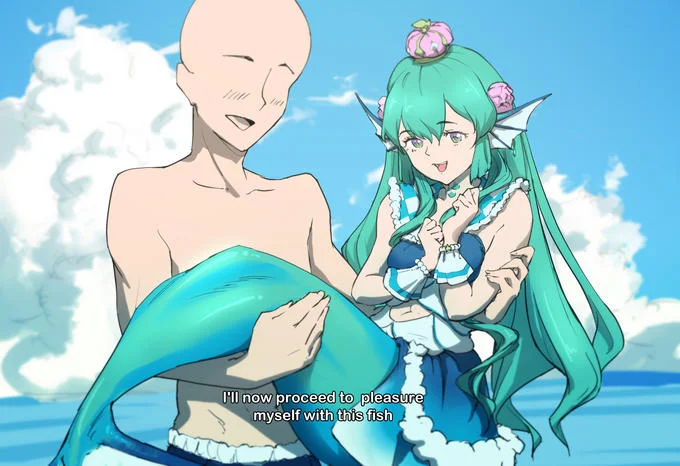 Bald anime man holding green-haired mermaid with the subtitle 'I'll now proceed to pleasure myself with this fish'