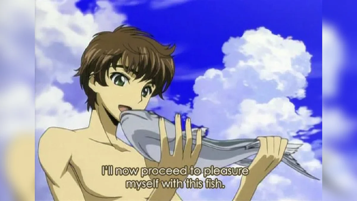 Shirtless anime boy holding fish with subtitle 'I'll now proceed to pleasure myself with this fish.'