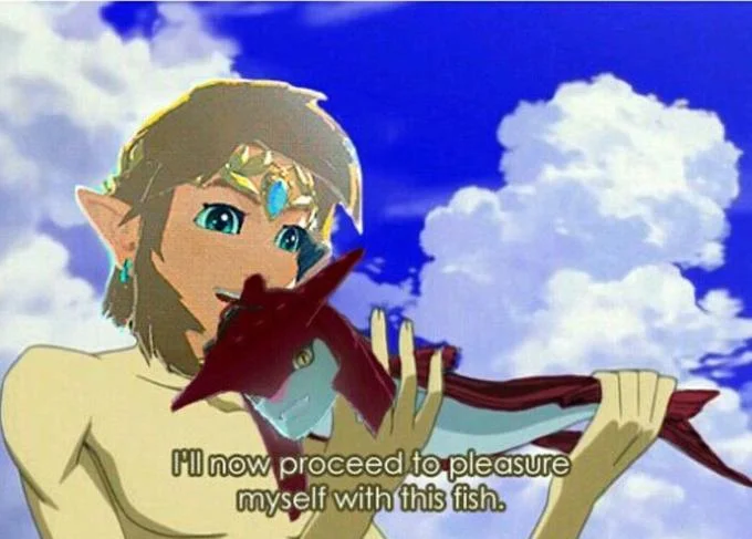 I'll Now Proceed To Pleasure Myself With This Fish — Link from Breath of the Wild holding a red fish with the subtitle