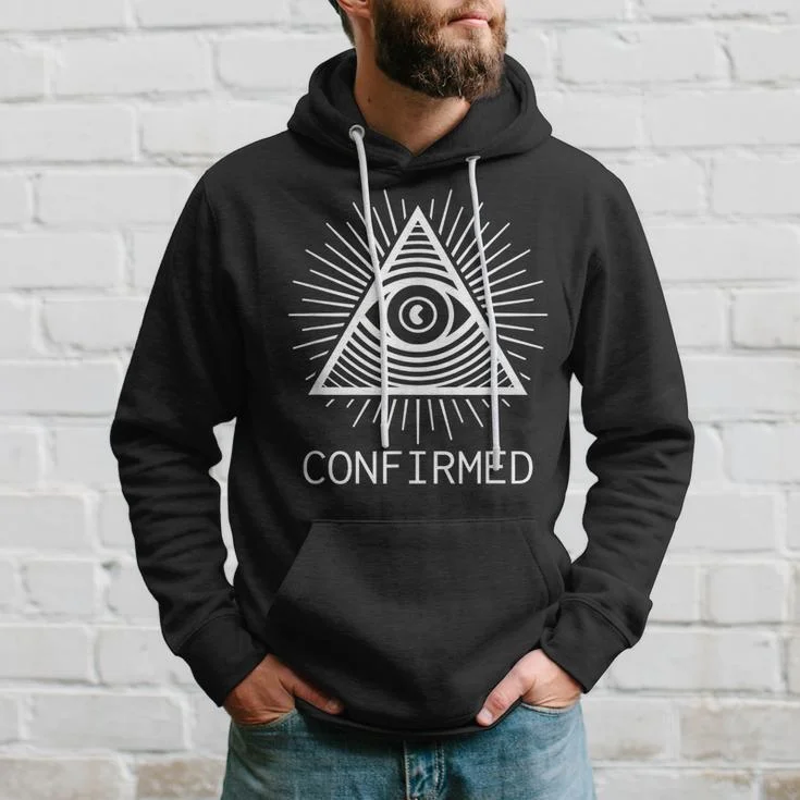 Illuminati Confirmed — Black hoodie with white Illuminati all-seeing eye symbol and CONFIRMED text