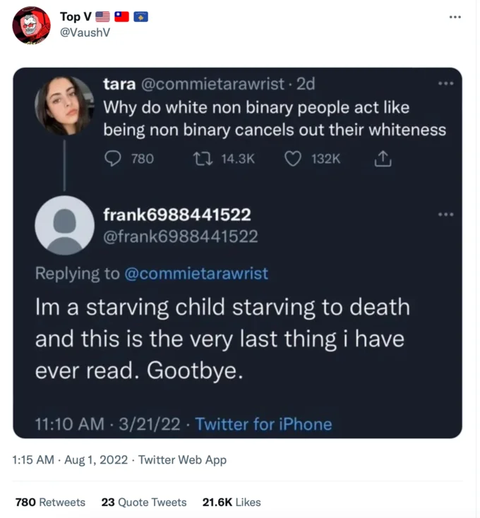 Im a Starving Child Starving to Death and This Is the Very Last Thing I Have Eve... — J.K. Rowling tweet quote-tweeting a detransition story, with