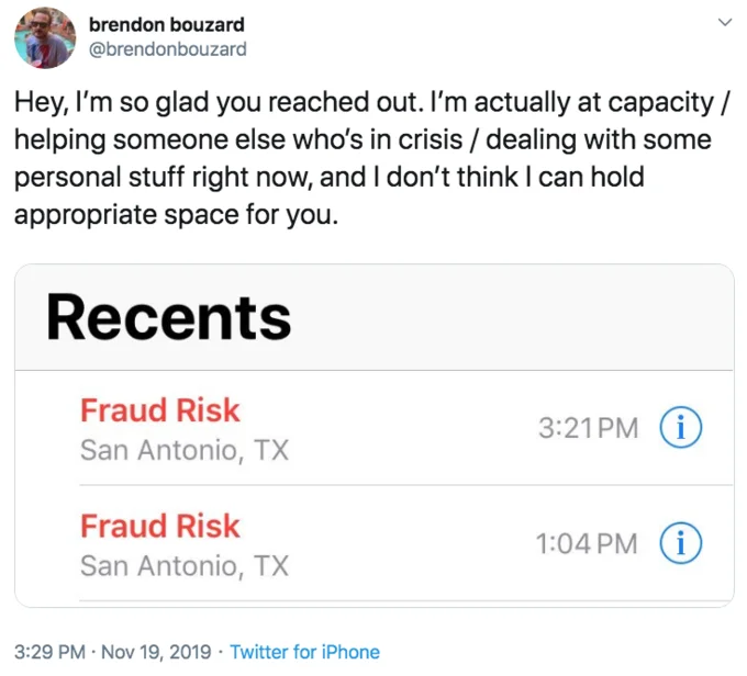 Im Actually At My Emotional Capacity — Twitter screenshot demonstrating the phrase used in real conversation response about not being able to help.