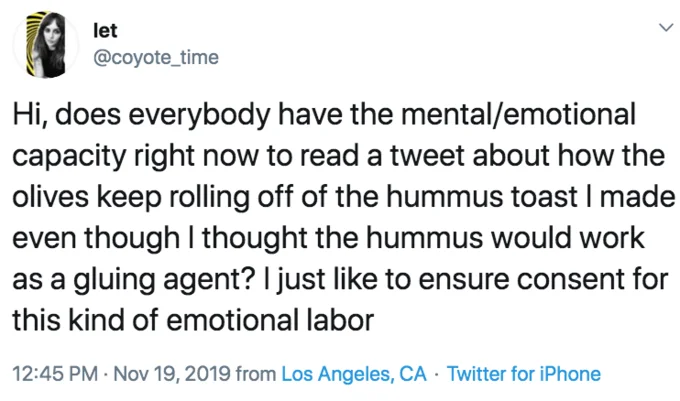 Im Actually At My Emotional Capacity — Twitter screenshot asking about emotional capacity for hummus toast mishap, applying phrase to mundane situations.