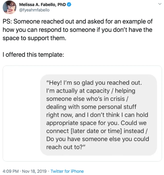 Im Actually At My Emotional Capacity — Twitter screenshot showing Melissa A. Fabello's suggested response template for declining emotional labor requests.