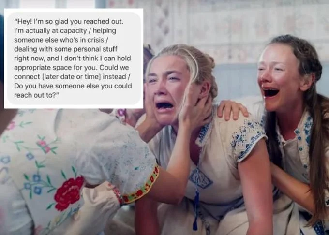 Im Actually At My Emotional Capacity — Image macro featuring two women with distressed expressions and full 'I'm actually at capacity' response text overlaid.