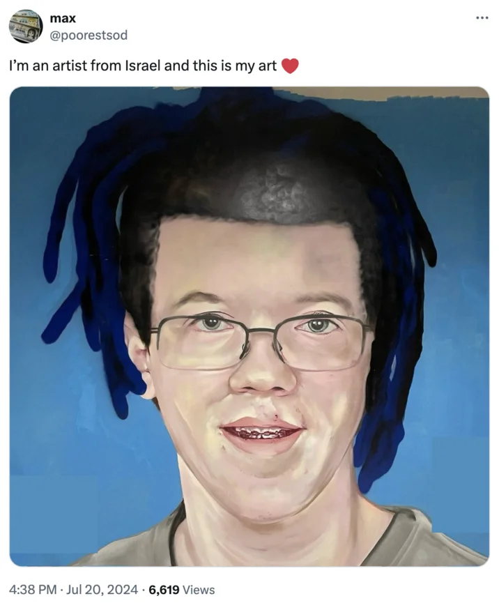 Im An Artist From Israel And This Is My Art — Twitter post with portrait of man with blue hair using Israeli artist meme format