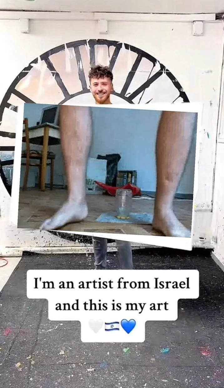 Im An Artist From Israel And This Is My Art — Meme parody showing artist holding canvas with hyperrealistic hairy legs painting
