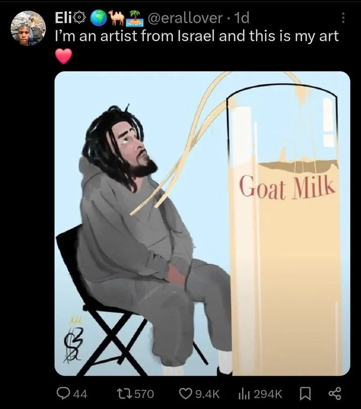 Im An Artist From Israel And This Is My Art — Twitter post showing J. Cole goat milk artwork using Israeli artist meme format
