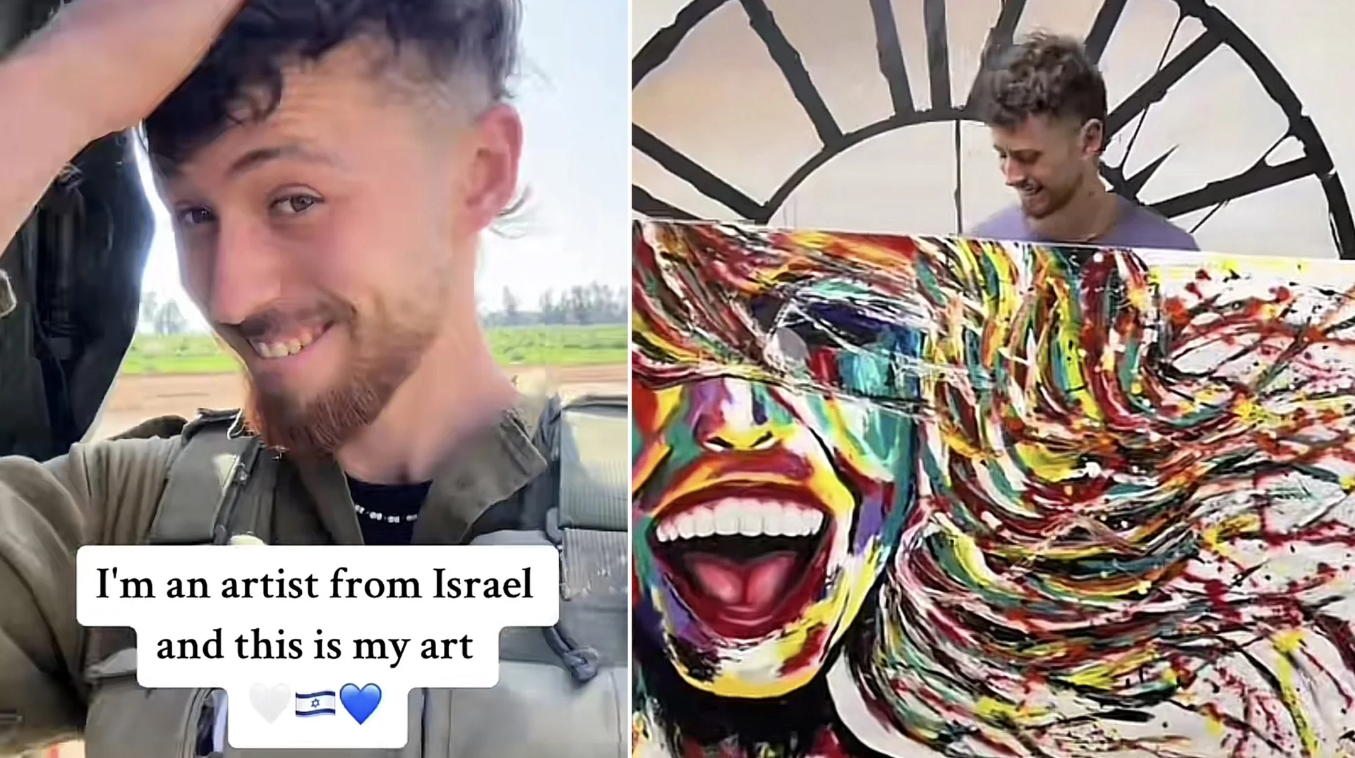 Im An Artist From Israel And This Is My Art — Israeli artist in military uniform posing next to his colorful expressionist painting
