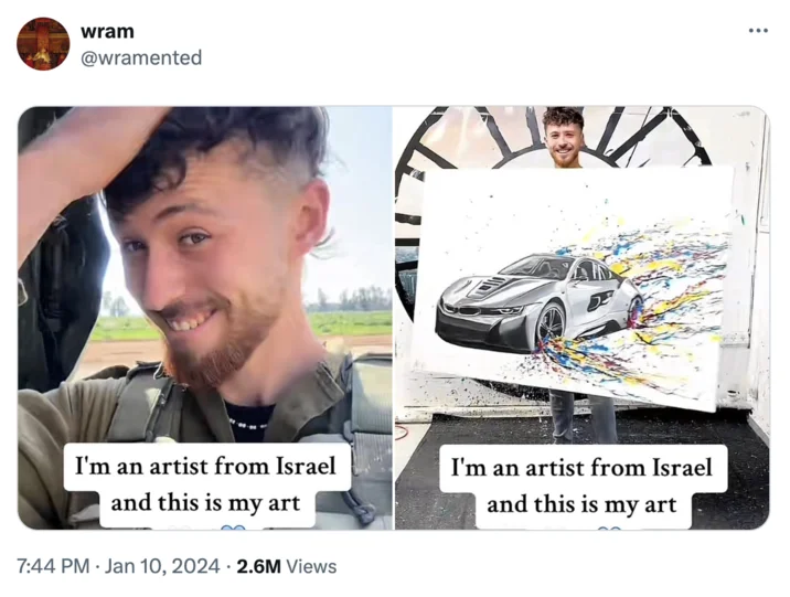 Im An Artist From Israel And This Is My Art — Twitter parody post replacing original artwork with realistic car painting