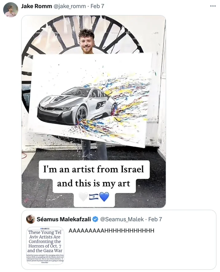 Im An Artist From Israel And This Is My Art — Twitter quote tweet reacting to Israeli artist car painting parody