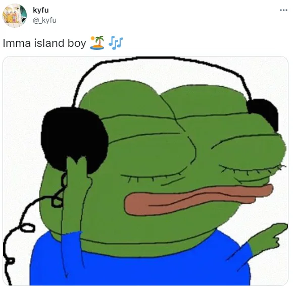 Im An Island Boy By Flyysoulja And Kodiyakredd The Island Boys — Tweet with 'Imma island boy' text and a Pepe the Frog with headphones singing.
