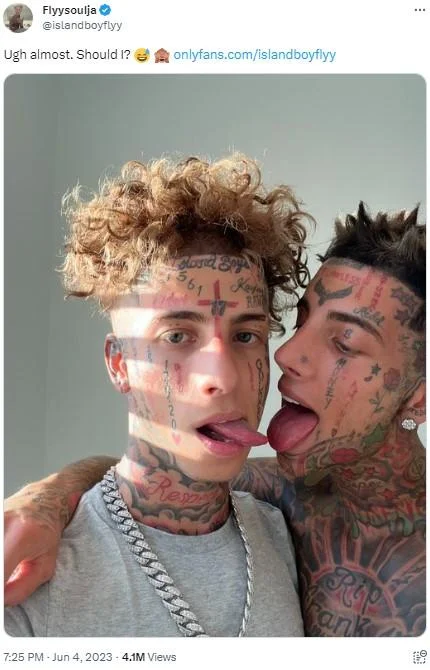 Im An Island Boy By Flyysoulja And Kodiyakredd The Island Boys — Flyysoulja tweet with the Island Boys leaning close together, tongues out, promoting OnlyFans.