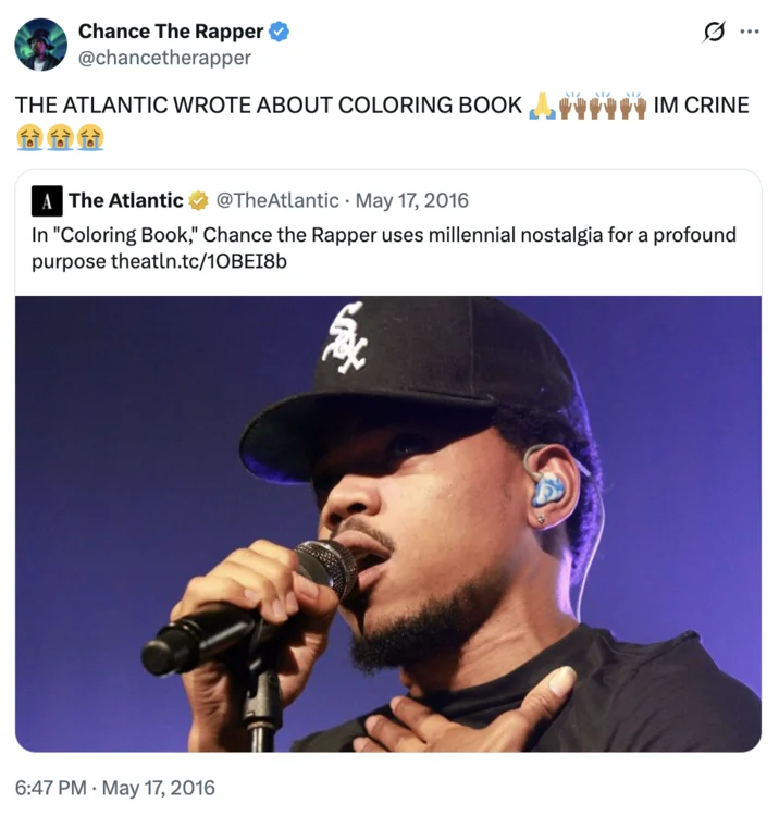 Chance The Rapper tweet saying 'IM CRINE' about an Atlantic article