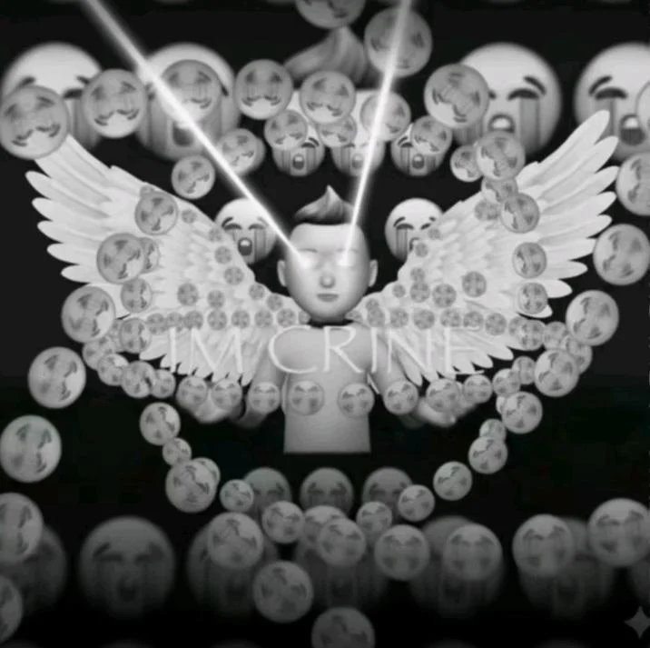 Winged Memoji boy shooting eye lasers surrounded by crying emojis with faint 'IM CRINE' text
