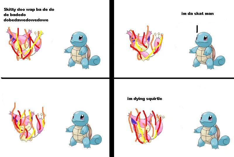 Im Dying Squirtle — Four-panel comic of one Squirtle on fire and another Squirtle beside it with dialogue about being on fire.