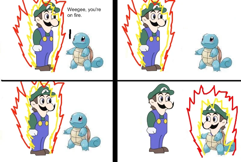 Im Dying Squirtle — Four-panel comic of a flaming Mew beside Squirtle with Scatman-inspired lyrics.