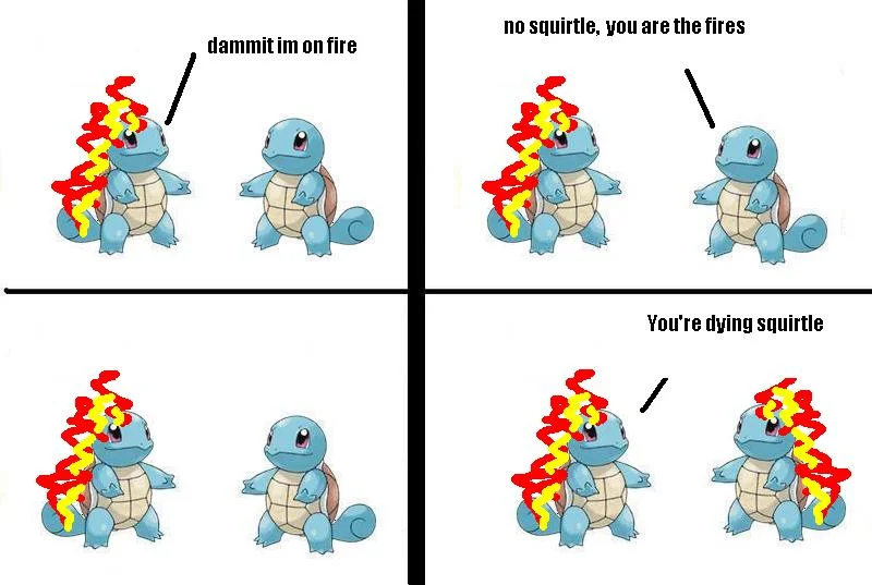 Im Dying Squirtle — Four-panel comic of Slowpoke on fire next to Squirtle parodying Smoke on the Water.