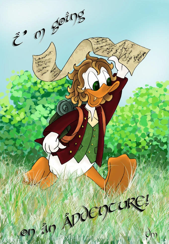 Donald Duck drawn as Bilbo Baggins holding a scroll with 'I'm going on an adventure!'