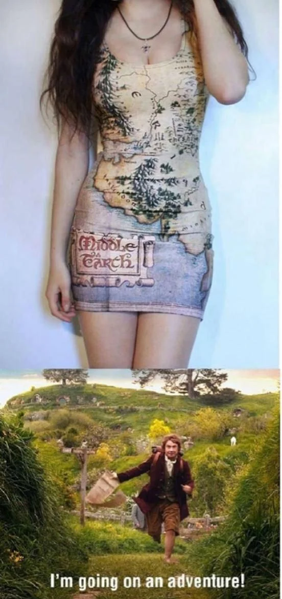 Middle-earth map dress above the Bilbo 'I'm going on an adventure!' still