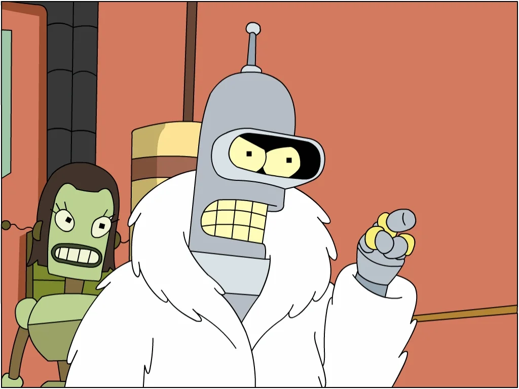 I'm Going To Build My Own Theme Park With Blackjack and Hookers — Bender from Futurama wearing a fur coat and pointing angrily