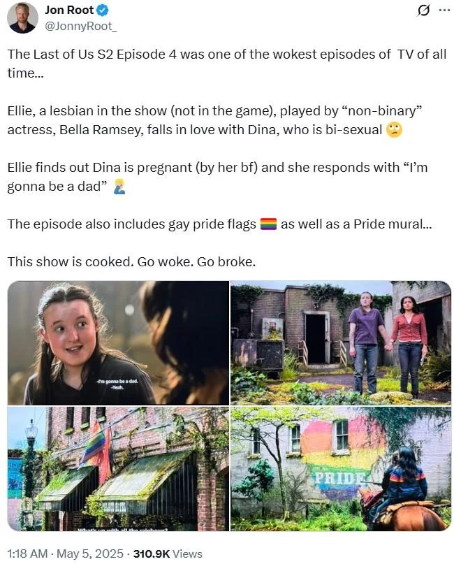 Im Gonna Be A Dad — Social media post from Jon Root analyzing The Last of Us S2E4 with embedded grid of scene screenshots showing pride elements.