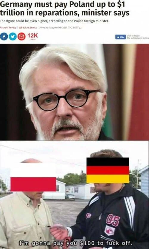 I'm Gonna Pay You $100 to Fuck Off — Germany Poland reparations meme with flags over characters