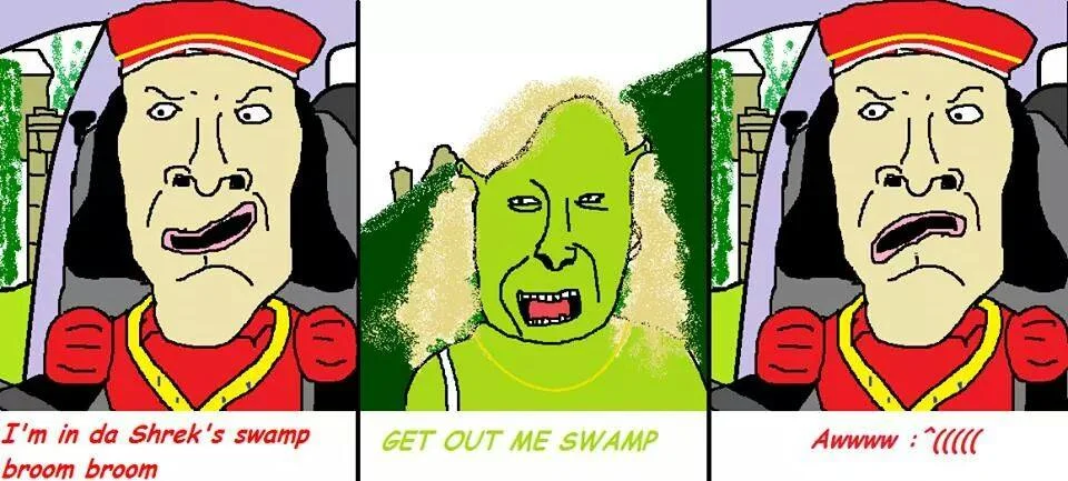 I'm in Me Mum's Car, Broom Broom — Three-panel Shrek and Farquaad parody comic of the mum's car meme.