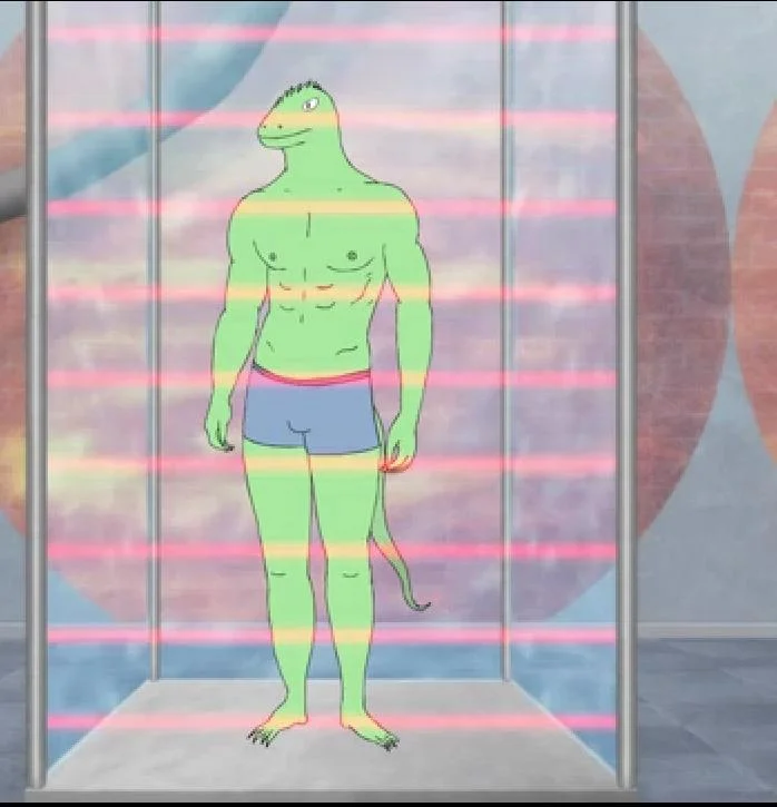 I'm in That Weird Part of YouTube — Animated humanoid lizard character in underwear standing in a shower
