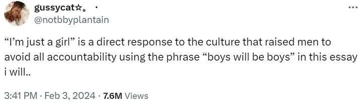 A tweet screenshot contextualizing 'I'm just a girl' as a response to 'boys will be boys' and patriarchal accountability standards.