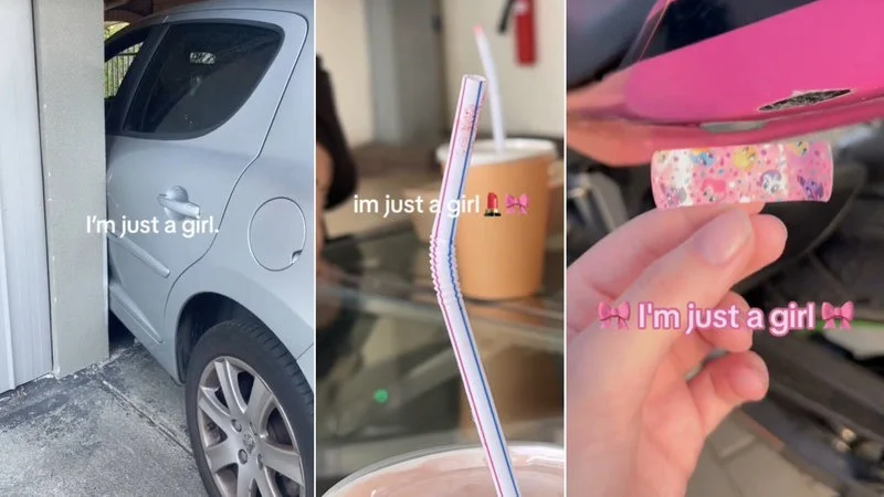 A three-image grid showing a damaged white car, the iconic creature character, and pink nails each labeled with 'I'm just a girl' variations.