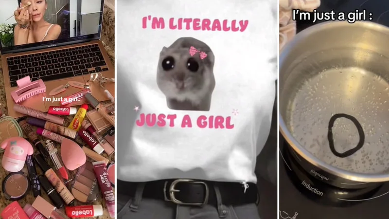 A three-panel grid combining a makeup collection, the iconic creature character, and kitchen items each labeled with 'I'm just a girl' variations.