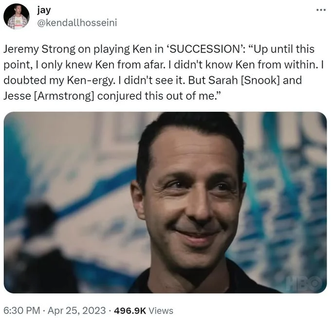 Im Just Ken — Tweet parody replacing Ryan Gosling quote with Jeremy Strong from Succession