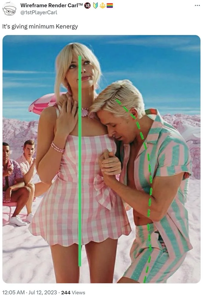 Im Just Ken — Tweet with Ken and Barbie still marked with posture lines captioned minimum Kenergy