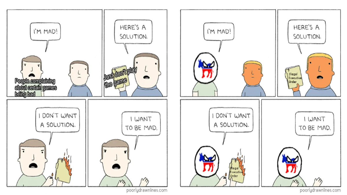 Im Mad Heres A Solution — Original Poorly Drawn Lines comic paired with a political parody version