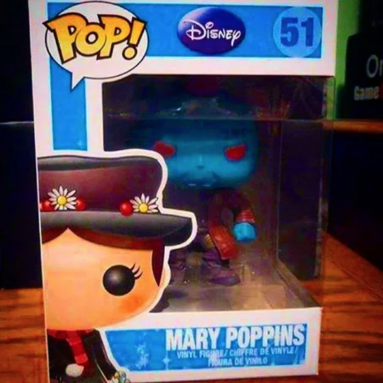 "I'm Mary Poppins, Y'all" — Funko Pop Mary Poppins box containing a blue Yondu figure instead.