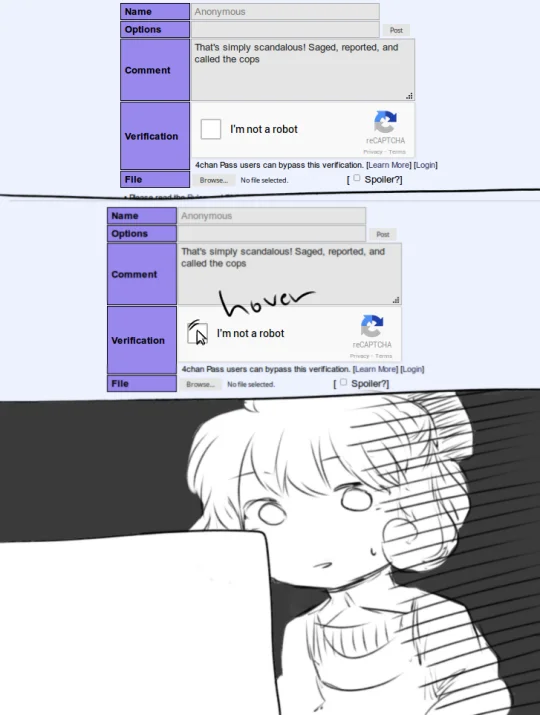 4chan post form with 'I'm not a robot' CAPTCHA and anxious anime character sketch