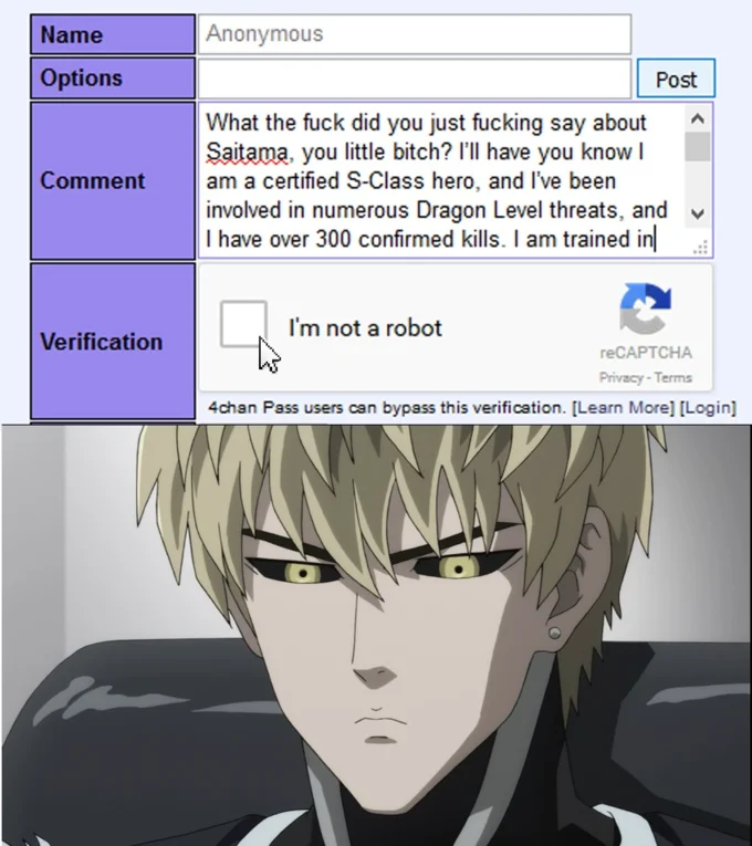 4chan Saitama copypasta with 'I'm not a robot' checkbox next to Genos from One-Punch Man
