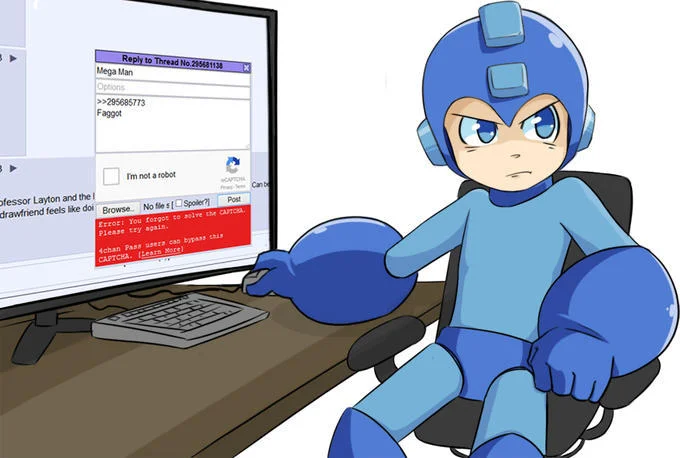 Cartoon Mega Man at a computer failing an 'I'm not a robot' CAPTCHA on 4chan