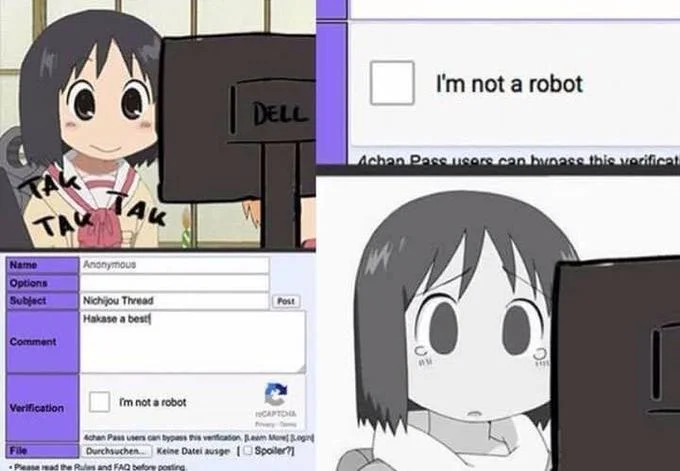Nichijou's Nano at a computer next to a 4chan 'I'm not a robot' CAPTCHA prompt