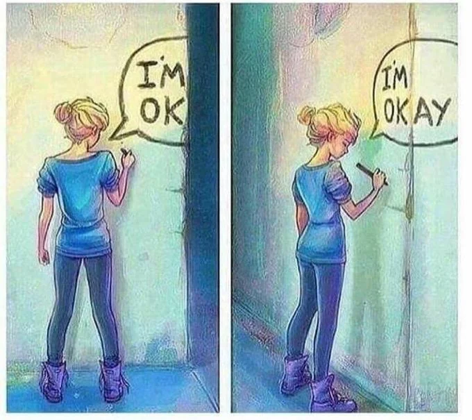 Im Ok — Clean version of canonical meme template showing 'I'M OK' shifting to 'I'M OK AY' through perspective rotation.