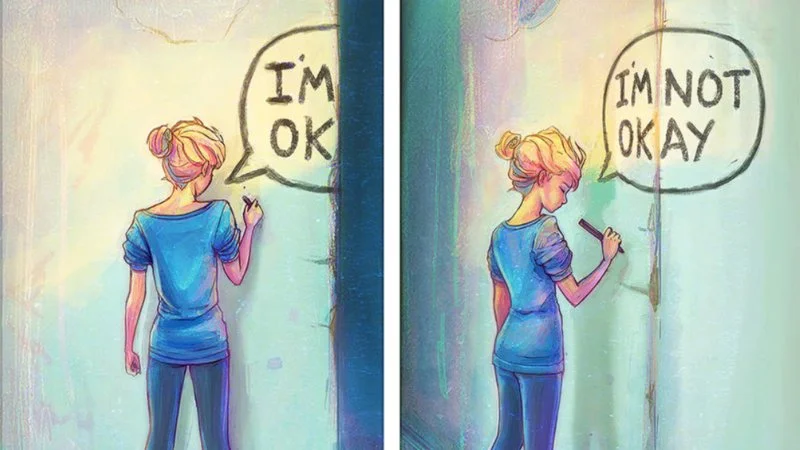 Im Ok — Quintessential meme with blonde woman in blue showing 'I'M OK' shifting to 'I'M NOT OKAY' through 90-degree perspective.