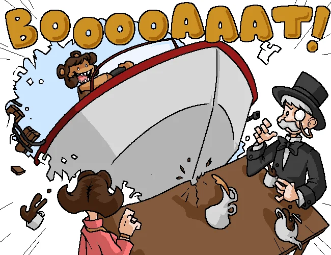 I'm on a Boat — Cartoon of a boat crashing through a Victorian dinner table with 'BOOOOAAAT!' text